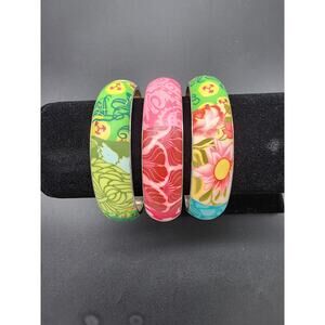 Vintage Set of 3 Vera Beads Polymer and Sliver Tone Bangles, Aprx 8" Around